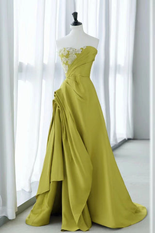 Strapless Green Satin Floral Prom Dresses, Green Long Floral Long Formal Evening Dresses