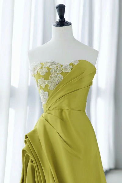 Strapless Green Satin Floral Prom Dresses, Green Long Floral Long Formal Evening Dresses