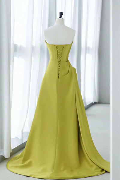 Strapless Green Satin Floral Prom Dresses, Green Long Floral Long Formal Evening Dresses