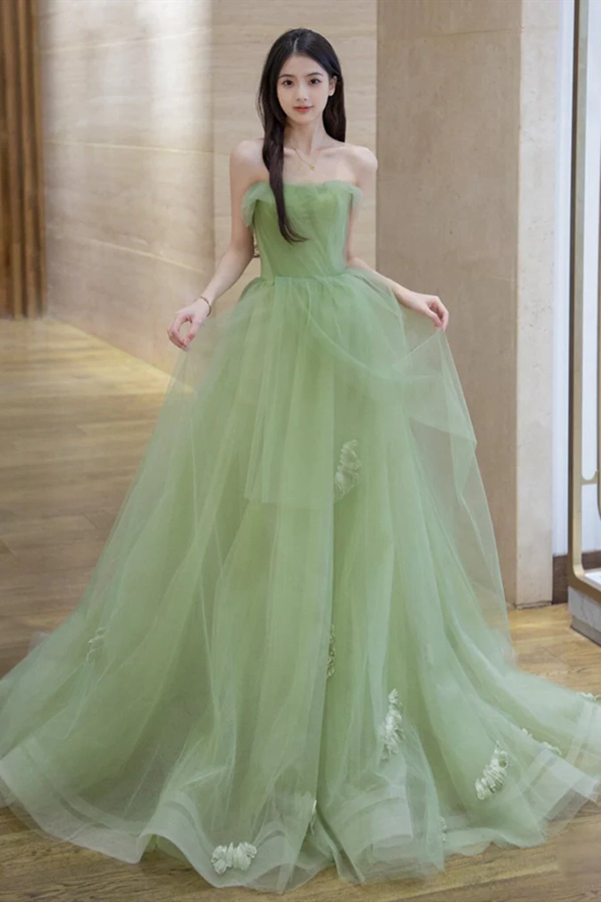 Strapless Green Tulle Long Prom Dresses, Green Tulle Long Formal Evening Dresses
