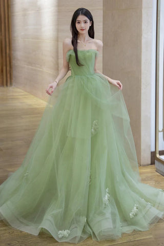 Strapless Green Tulle Long Prom Dresses, Green Tulle Long Formal Evening Dresses