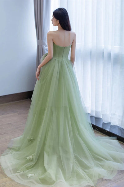 Strapless Green Tulle Long Prom Dresses, Green Tulle Long Formal Evening Dresses