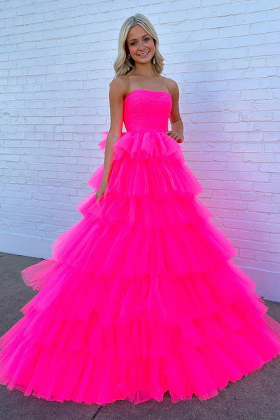 Strapless Hot Pink Tulle Long Prom Dresses, Hot Pink Long Formal Evening Dresses
