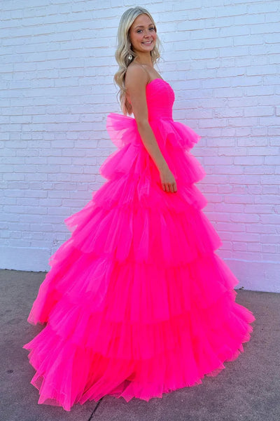 Strapless Hot Pink Tulle Long Prom Dresses, Hot Pink Long Formal Evening Dresses