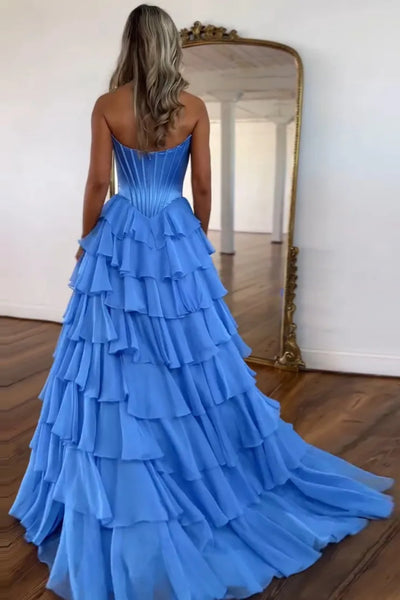Strapless Lace Layered Long Prom Dresses, Lace Layered Long Formal Evening Dresses