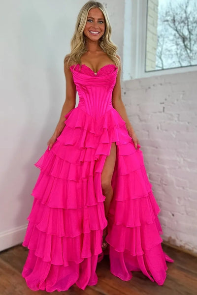 Strapless Lace Layered Long Prom Dresses, Lace Layered Long Formal Evening Dresses