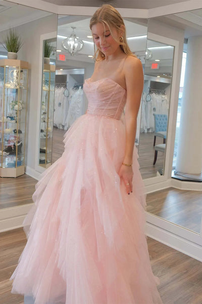 Strapless Light Pink Sequins Ruffled Prom Dresses, Light Pink Ruffled Long Formal Evening Dresses