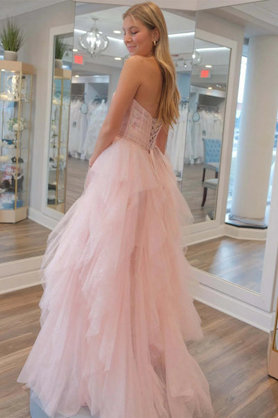Strapless Light Pink Sequins Ruffled Prom Dresses, Light Pink Ruffled Long Formal Evening Dresses