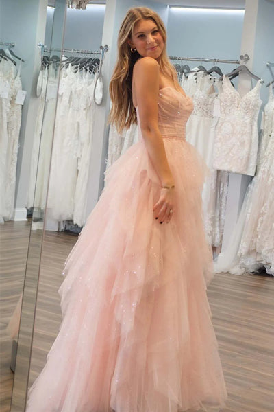 Strapless Light Pink Sequins Ruffled Prom Dresses, Light Pink Ruffled Long Formal Evening Dresses