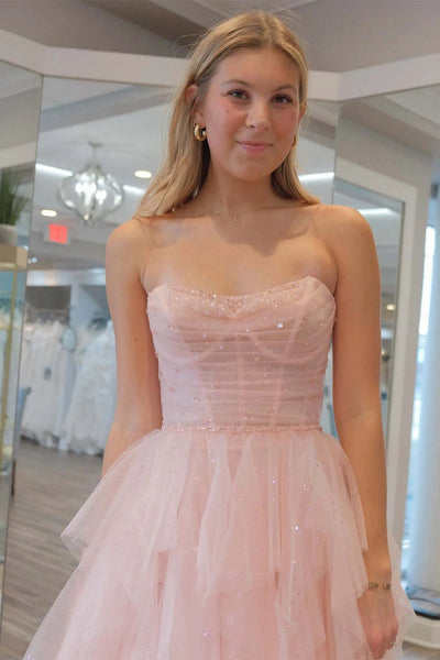Strapless Light Pink Sequins Ruffled Prom Dresses, Light Pink Ruffled Long Formal Evening Dresses