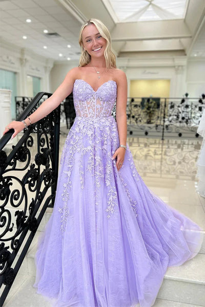 Strapless Lilac/Blue Lace Long Prom Dresses, Lilac/Blue Lace Formal Dresses, Long Lilac/Blue Evening Dresses