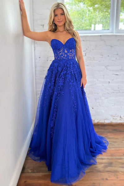 Strapless Lilac/Blue Lace Long Prom Dresses, Lilac/Blue Lace Formal Dresses, Long Lilac/Blue Evening Dresses