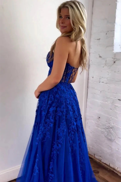 Strapless Lilac/Blue Lace Long Prom Dresses, Lilac/Blue Lace Formal Dresses, Long Lilac/Blue Evening Dresses