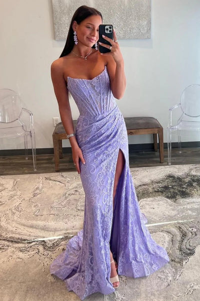 Strapless Mermaid Lace Prom Dresses, Lace Mermaid Formal Evening Dresses