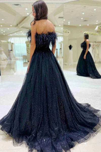 Strapless Navy Blue Tulle Long Prom Dresses with Feather, Shiny Navy Blue Formal Graduation Evening Dresses
