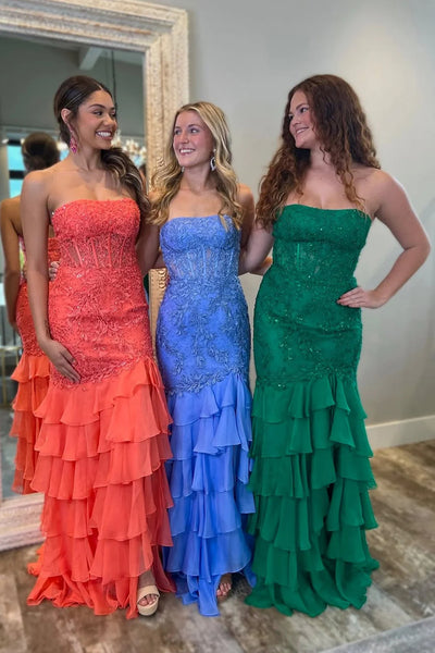 Strapless Orange Green Blue Mermaid Lace Prom Dresses, Lace Mermaid Formal Evening Dresses
