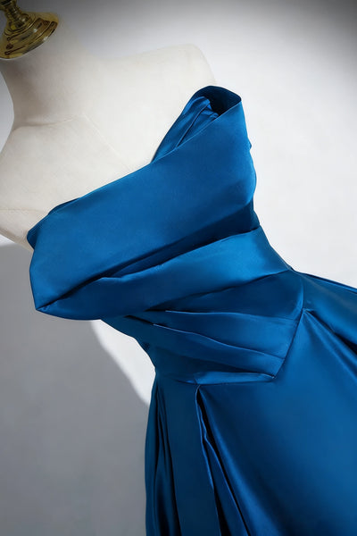Strapless Peacock Blue Satin Long Prom Dresses, Peacock Blue Satin Formal Evening Dresses