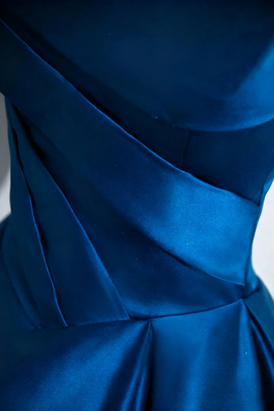 Strapless Peacock Blue Satin Long Prom Dresses, Peacock Blue Satin Formal Evening Dresses