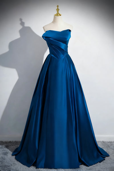Strapless Peacock Blue Satin Long Prom Dresses, Peacock Blue Satin Formal Evening Dresses