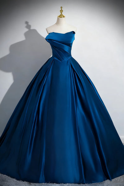 Strapless Peacock Blue Satin Long Prom Dresses, Peacock Blue Satin Formal Evening Dresses
