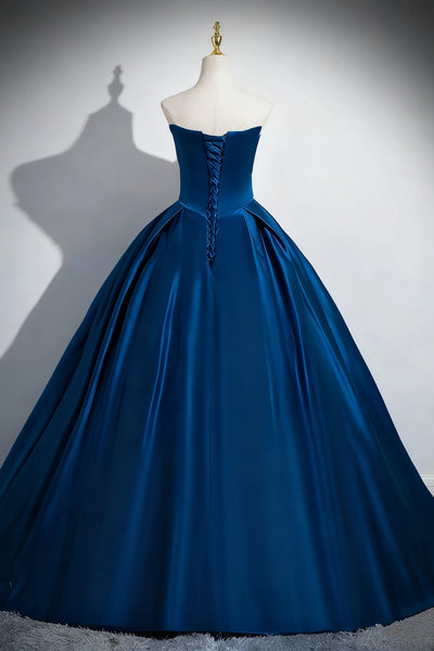 Strapless Peacock Blue Satin Long Prom Dresses, Peacock Blue Satin Formal Evening Dresses