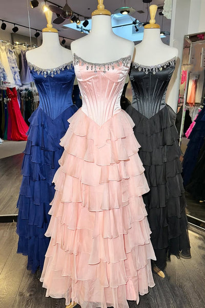 Strapless Pink Green Layered Long Prom Dresses, Beaded Long Layered Formal Evening Dresses