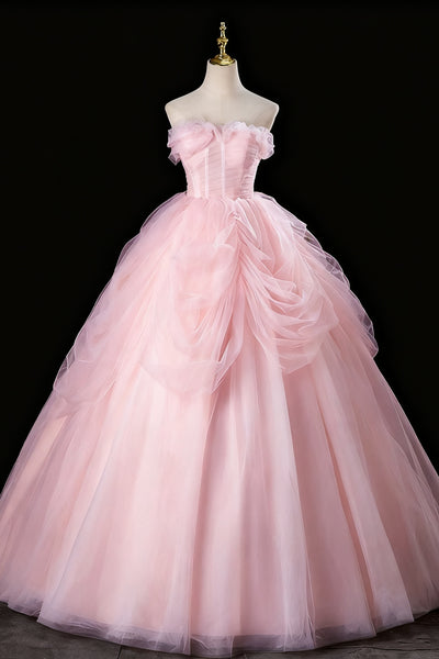 Strapless Pink Tulle Long Prom Dresses, Pink Tulle Long Formal Evening Dresses