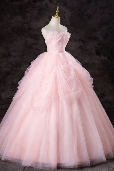 Strapless Pink Tulle Long Prom Dresses, Pink Tulle Long Formal Evening Dresses