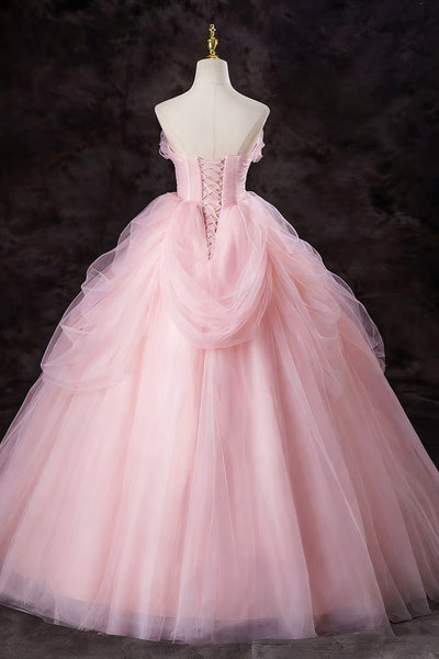 Strapless Pink Tulle Long Prom Dresses, Pink Tulle Long Formal Evening Dresses