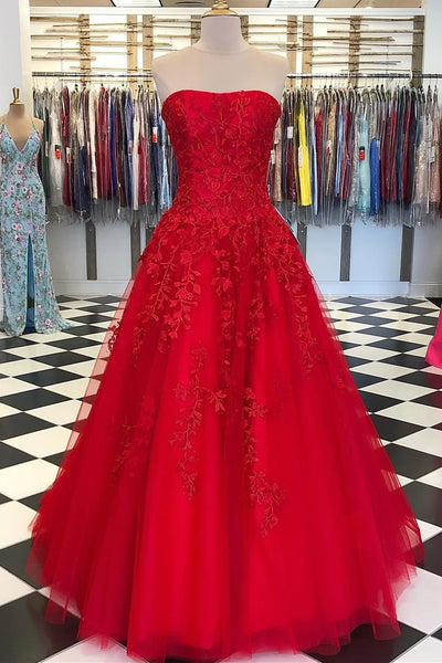 Strapless Red Lace Prom Dresses, Red Lace Formal Evening Dresses