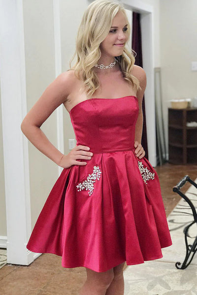 Strapless Short Blue Burgundy Prom Dresses, Strapless Blue Wine Red Formal Homecoming Dresses