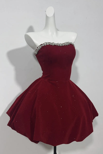 Strapless Short Burgundy Velvet Prom Dresses, Wine Red Short Beaded Formal Evening Dresses