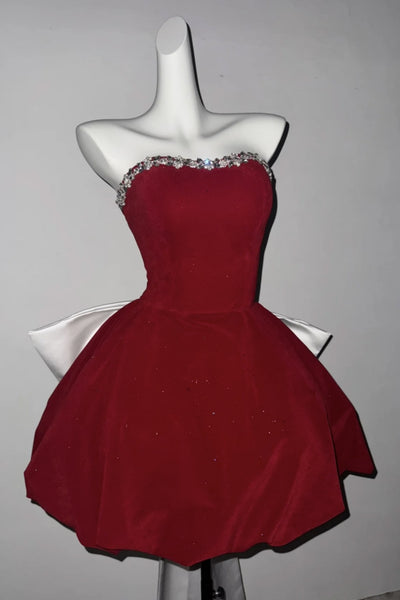 Strapless Short Burgundy Velvet Prom Dresses, Wine Red Short Beaded Formal Evening Dresses
