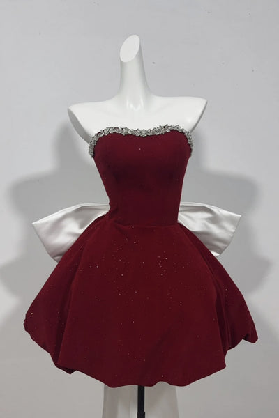 Strapless Short Burgundy Velvet Prom Dresses, Wine Red Short Beaded Formal Evening Dresses