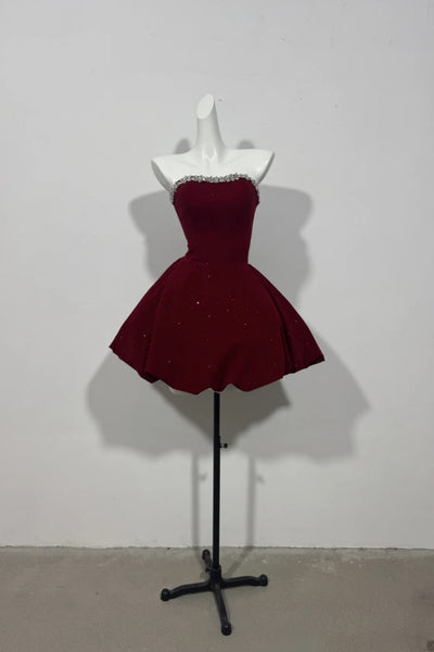 Strapless Short Burgundy Velvet Prom Dresses, Wine Red Short Beaded Formal Evening Dresses