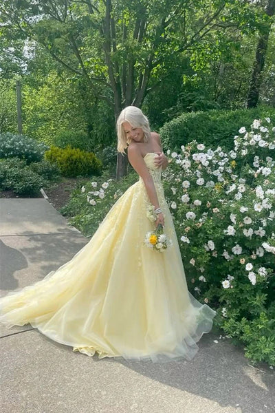 Strapless Yellow Lace Long Prom Dresses, Yellow Lace Long Formal Dresses