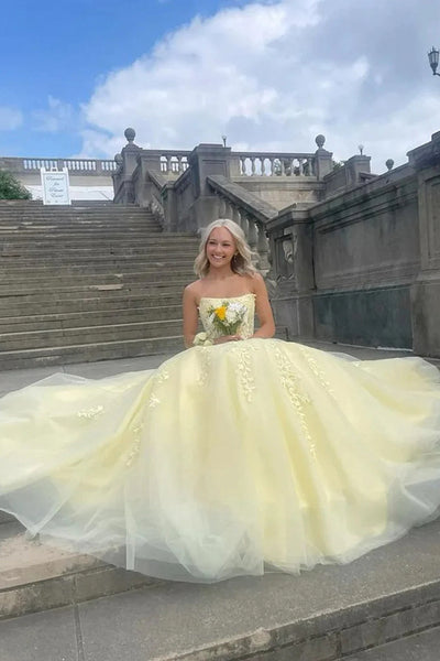 Strapless Yellow Lace Long Prom Dresses, Yellow Lace Long Formal Dresses