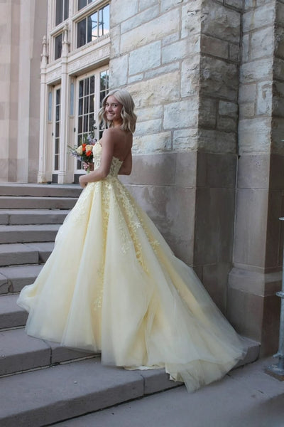 Strapless Yellow Lace Long Prom Dresses, Yellow Lace Long Formal Dresses