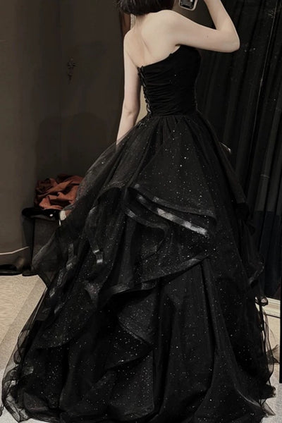 Sweetheart Neck Black Puffy Long Prom Dresses, Black Prom Gown, Black Puffy Long Formal Dresses