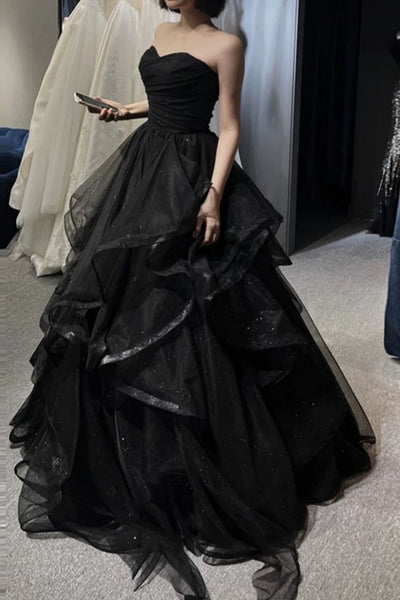 Sweetheart Neck Black Puffy Long Prom Dresses, Black Prom Gown, Black Puffy Long Formal Dresses