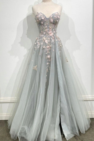 Sweetheart Neck Gray Floral Long Prom Dresses, Gray Floral Long Formal Graduation Dresses
