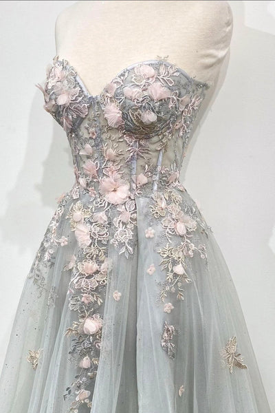 Sweetheart Neck Gray Floral Long Prom Dresses, Gray Floral Long Formal Graduation Dresses