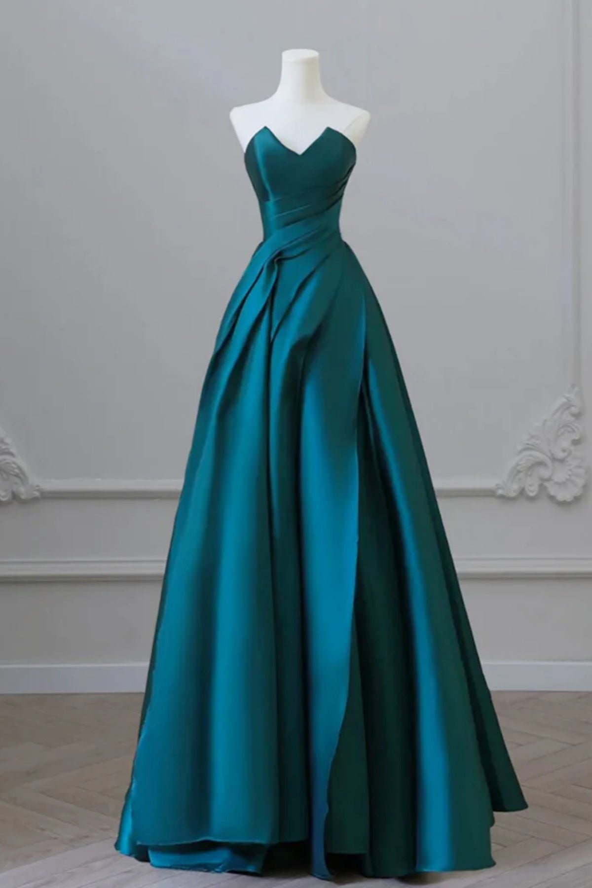 Sweetheart Neck Green Satin Long Prom Dresses, Green Satin Long Formal Evening Dresses