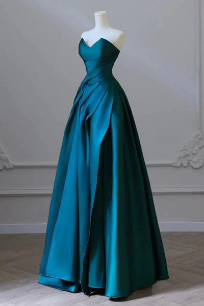 Sweetheart Neck Green Satin Long Prom Dresses, Green Satin Long Formal Evening Dresses