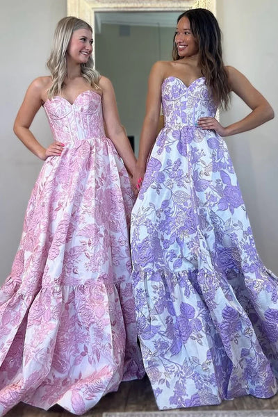 Sweetheart Neck Pink Blue Purple Printed Floral Satin Long Prom Dresses, Printed Floral Formal Evening Dresses