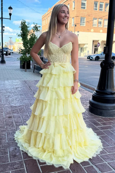 Sweetheart Neck Pink Yellow Layered Lace Prom Dresses, Pink Yellow Layered Lace Formal Evening Dresses