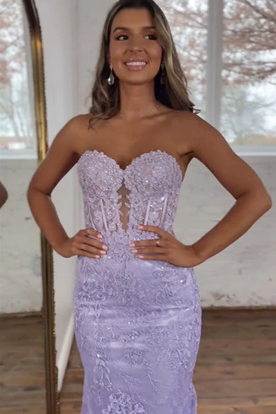 Sweetheart Neck Purple Mermaid Lace Prom Dresses, Purple Mermaid Lace Formal Evening Dresses
