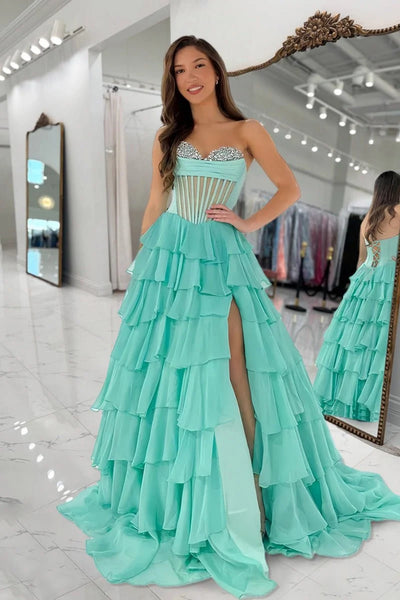 Sweetheart Neck Sage Green Layered Long Prom Dresses, Sage Beaded Long Formal Dresses