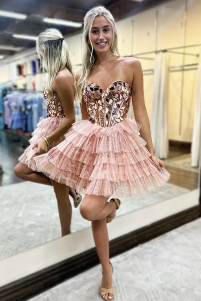 Sweetheart Neck Short Blue Pink Beaded Prom Dresses, Short Pink Blue Beaded Formal Homecoming Dresses