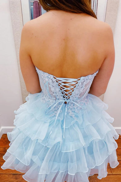 Sweetheart Neck Short Pink Blue Lace Layered Prom Dresses, Strapless Short Pink Blue Lace Homecoming Dresses
